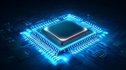 Poster - Glowing CPU on circuit board, technological background.
