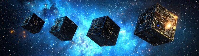 Poster - mysterious boxes in a quantum space, quantum processors embedded in space probes calculate cosmic da