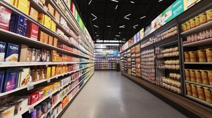 A large supermarket aisle with many products on the shelves