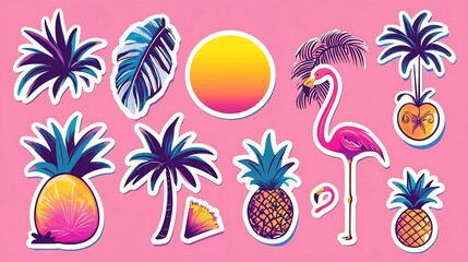 Colorful and eye catching tropical summer sticker set featuring palm trees  pineapples  flamingos  sunsets  and other lush  vibrant elements in a sunny  beach inspired design