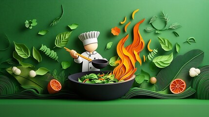 Creative 3D paper cut style depicting a chef skillfully cooking a vibrant and flavorful stir fried basil dish with flames rising from the wok creating a dynamic energetic culinary scene