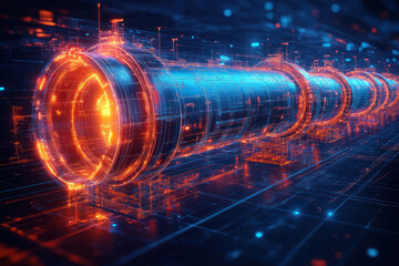 Poster - A futuristic pipeline in cyberpunk style. The pipe glows with bright orange and blue neon lines, creating the effect of digital energy or data flows through it. 