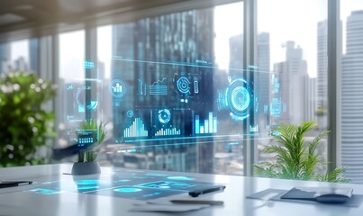  - Futuristic office space with holographic data displays and city view.
