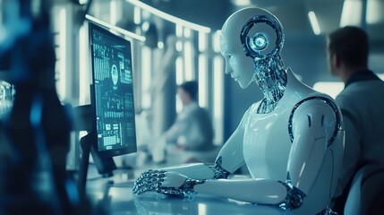 Poster - Humanoid robot working at computer in futuristic lab.