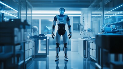 Poster - Humanoid robot standing in a futuristic lab.