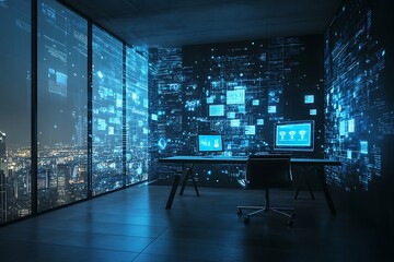  - A modern office with digital displays and a city view, emphasizing technology and innovation.