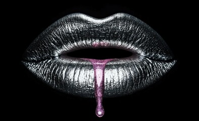 Canvas Print - Glossy black lips with shimmering effect, dripping pink liquid. Artistic makeup concept showcasing beauty and fashion trends in a dramatic presentation.