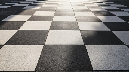 Wall Mural - sunlit black and white checkered pavement.