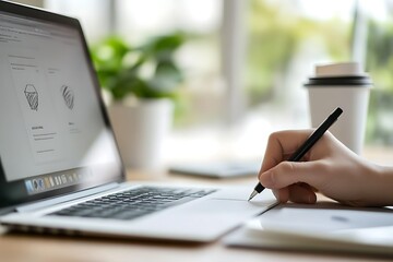 Poster - A person sketches on a laptop while surrounded by plants and a coffee cup.