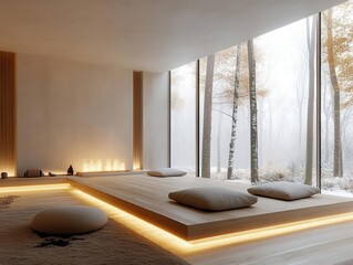 Wall Mural - Forest retreat with minimalist wooden interiors and soft lighting