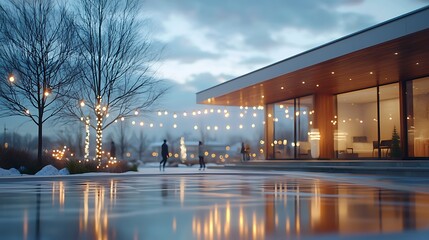 Evening strolls under twinkling lights modern house exterior outdoor gathering serene atmosphere scenic view