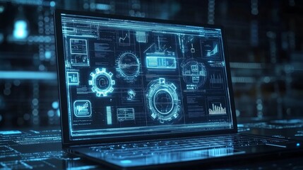 Futuristic laptop displaying digital data and graphs, glowing blue interface.