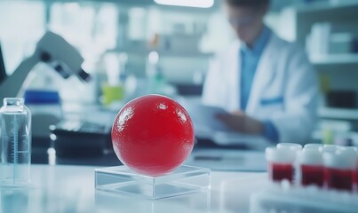 Poster - A red spherical object displayed in a lab, with a researcher in the background.