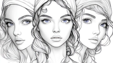 Wall Mural - Three stylized portraits of women with flowing hair and expressive eyes in monochrome.