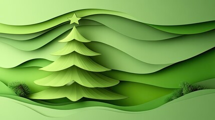 Poster - Elegant Christmas background with green tones, paper cut tree and star decorations, layered with soft highlights and shadows for a festive feel