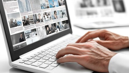 Poster - A person typing on a laptop, browsing images related to business and technology.