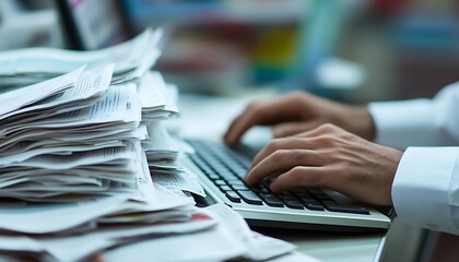 Poster - A person typing on a keyboard amidst a pile of paperwork, suggesting a busy work environment.