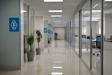 Poster - Modern office corridor with glass walls and signage, featuring plants and workspaces.