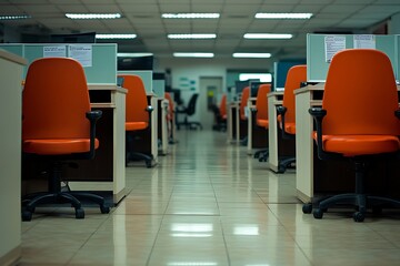  - A modern office space with orange chairs and cubicles, designed for productivity.