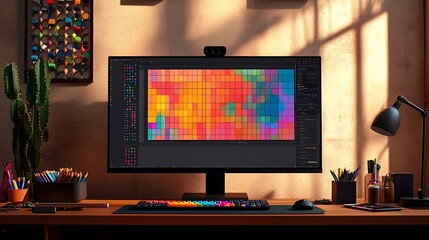  - A vibrant workspace featuring a computer displaying a color palette, surrounded by stationery.