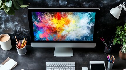 Poster - A modern workspace featuring a colorful computer display and organized desk items.