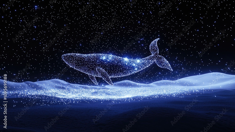 In the dark black background, a blue whale made of glowing particles is ...