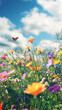 © VASSELL TRADING - vibrant summer meadow with colorful flowers and a butterfly flying in a blue sky