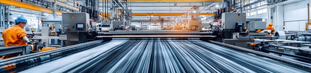 Poster - A modern manufacturing facility with machinery and workers processing materials.