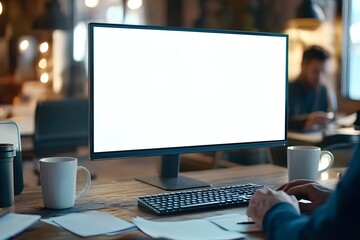 a person is sitting at an office desk, typing on the keyboard. a large mockup of blank computer scre