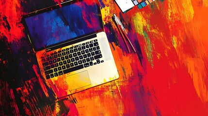 Aufkleber - A vibrant workspace featuring a laptop, pens, and a color palette on a colorful background.