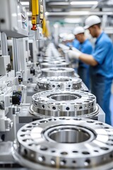 Poster - A manufacturing facility with precision-engineered metal components being assembled.