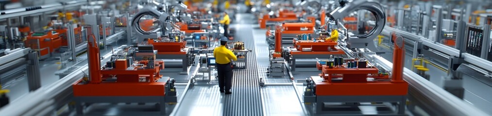 Poster - A modern industrial workspace with robotic arms and workers engaged in manufacturing.