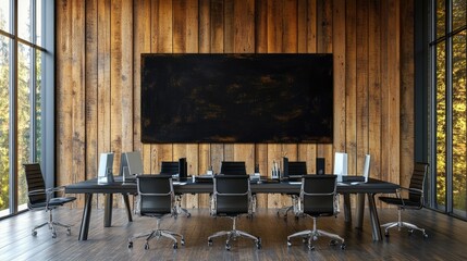 Sticker - Modern Conference Room with Wood Panels and Large Black Screen