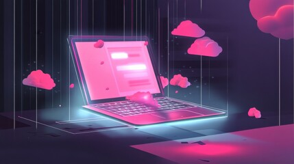 Poster - Futuristic Laptop with Digital Clouds Illustrating Data Transfer and Cloud Computing Concept in a Vibrant Neon Color Palette for Modern Technology Background