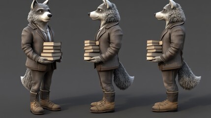 Poster - A stylized anthropomorphic wolf character in a suit holding books.