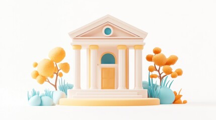 Poster - A stylized building with columns surrounded by colorful trees and shrubs.