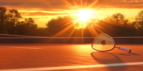 Aufkleber - A tennis racket rests on a court during a vibrant sunset, symbolizing leisure and sport.