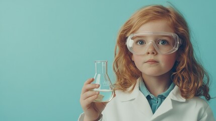 Poster - A young girl in a lab coat and goggles holds a flask, showcasing curiosity in science.