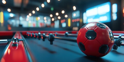 Poster - A close-up view of a foosball table with a red soccer ball ready for play.