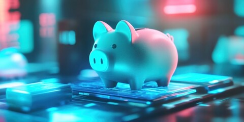 Poster - A glowing piggy bank on a digital surface, symbolizing savings and financial technology.