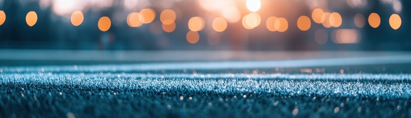 Poster - A close-up of a sports field with blurred lights in the background during sunset.