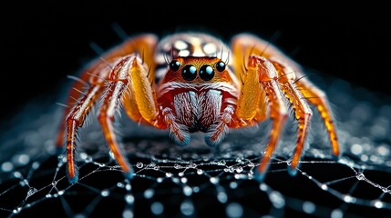 Vibrant Jumping Spider on Dew-Kissed Web