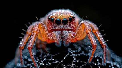 Macro Photography of a Dew-Covered Jumping Spider on its Web