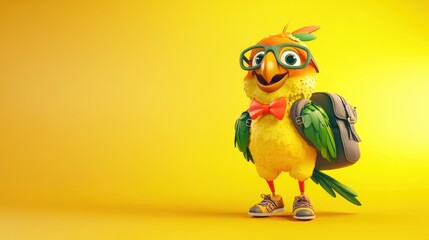 Poster - A cheerful cartoon bird wearing glasses and a backpack, set against a bright yellow background.