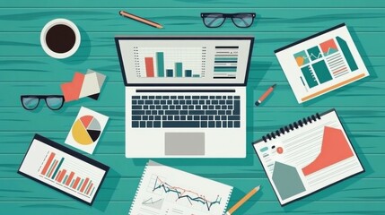 Poster - Modern Workspace with Laptop and Charts Overview