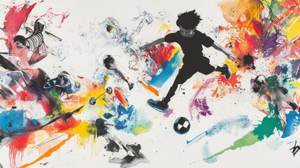 Aufkleber - A dynamic illustration of a soccer player amidst vibrant colors and abstract shapes.
