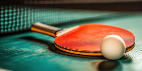 Poster - A close-up of a ping pong paddle and ball on a table, emphasizing sports equipment.