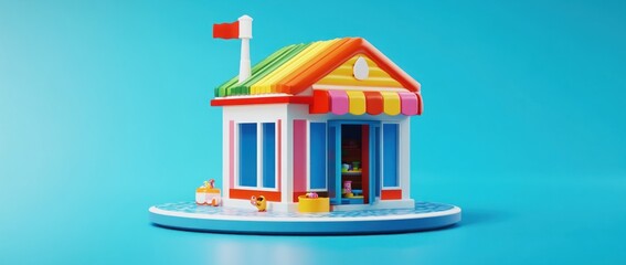 Poster - Colorful toy house model with a vibrant roof and decorative elements on a blue background.