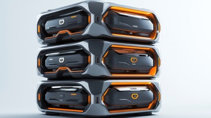 Poster - Three stacked futuristic storage units with orange accents.