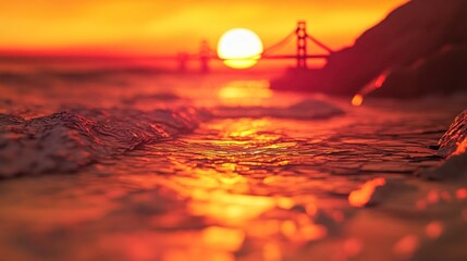 Aufkleber - A serene sunset over the ocean with a bridge silhouette in the background.